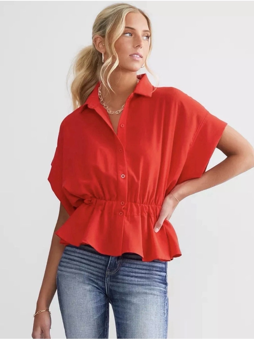 HYFVE Red Peplum Blouse Size Small Tie Waist Button Front Short Sleeve Top